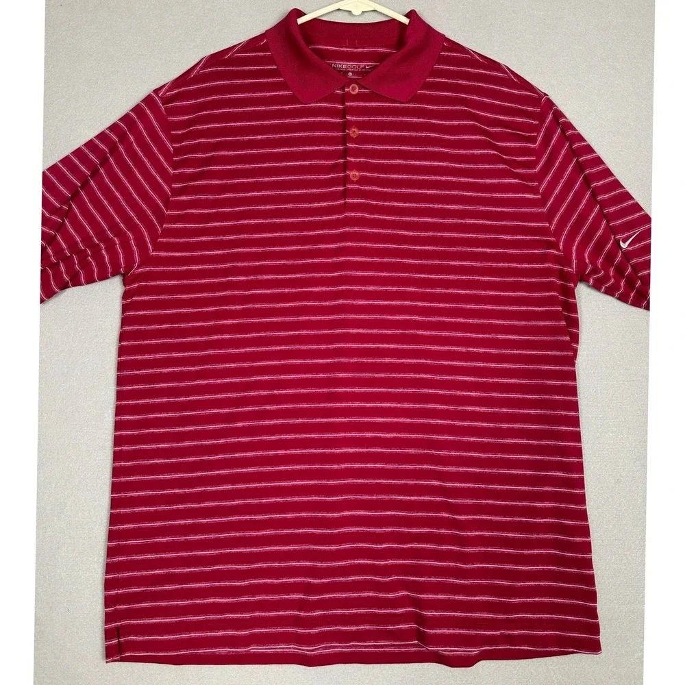 Nike Golf Polo Shirt Mens Large Red Striped Dri-Fit Performance Stretch Rugby